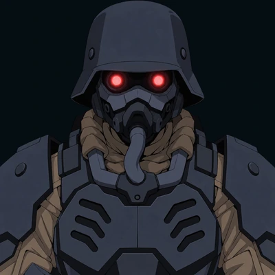 Cortex enforcer facing the viewer with glowing red respirator lenses