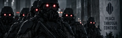 Cortex troopers wearing black armour, respirators and red lenses.