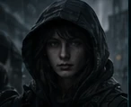Illustrated adult in a dark hood.