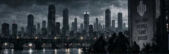 A modern riverside city watched over by Cortex troopers.