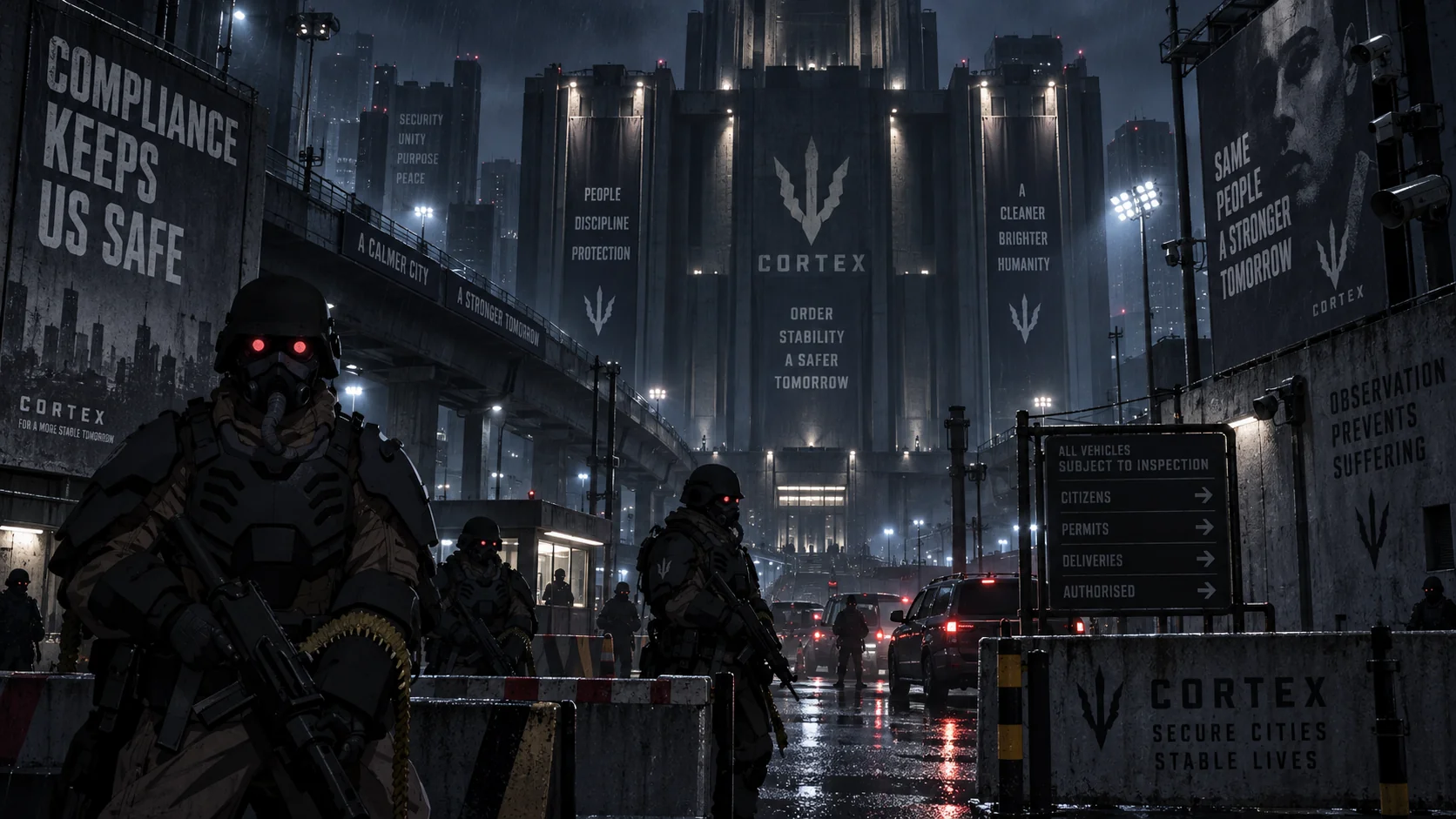 Cortex troopers guarding a rain-soaked street beneath a government building.