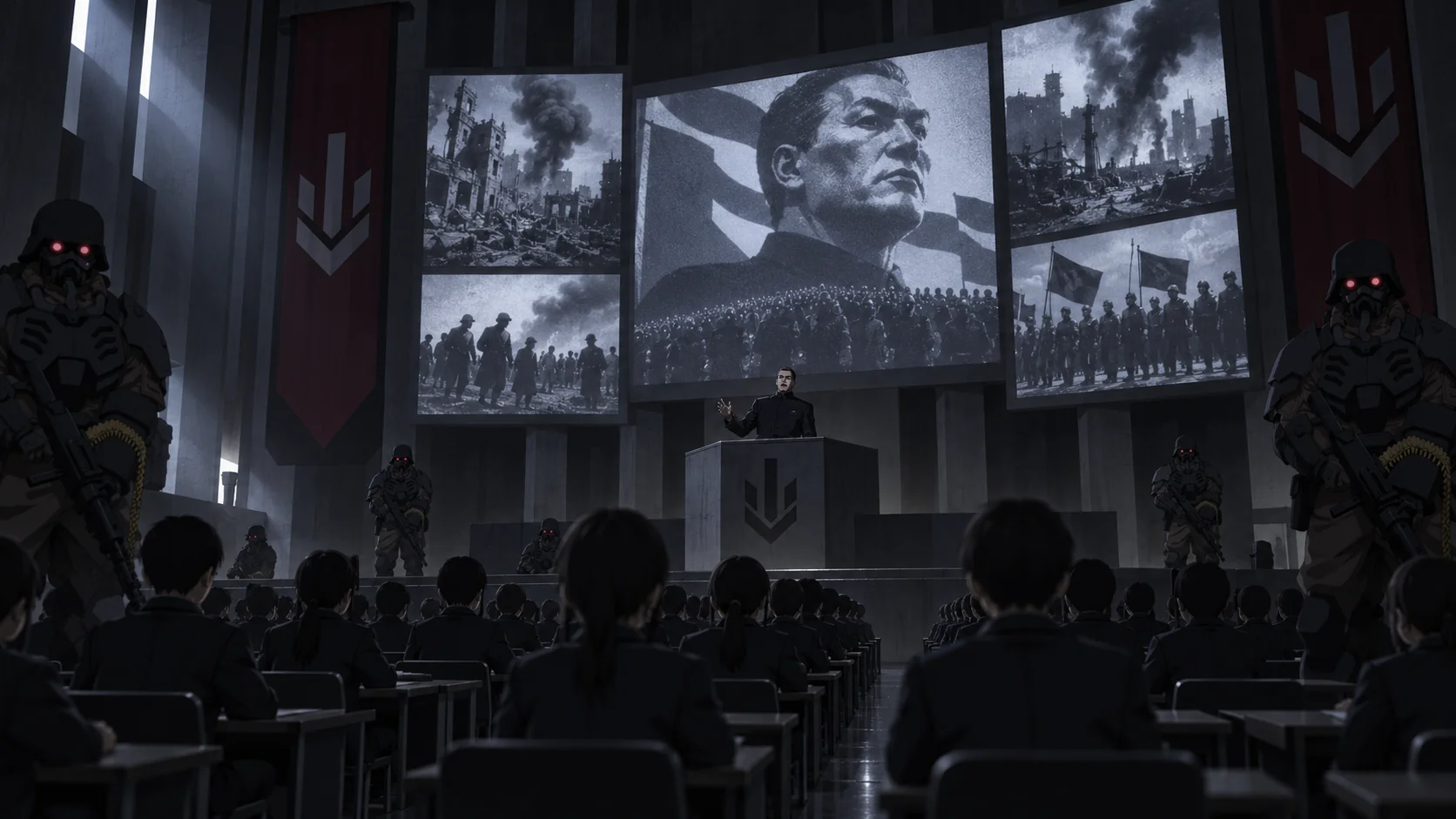 A state education assembly watched by Cortex troopers.