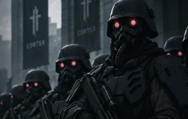 Cortex troopers in helmets and respirators, with red lenses and dark armour.