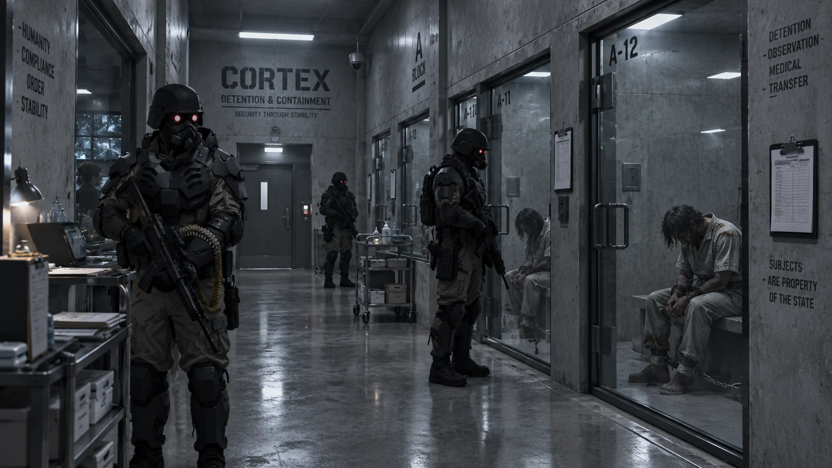 An institutional detention corridor with guards and reinforced glass cells.