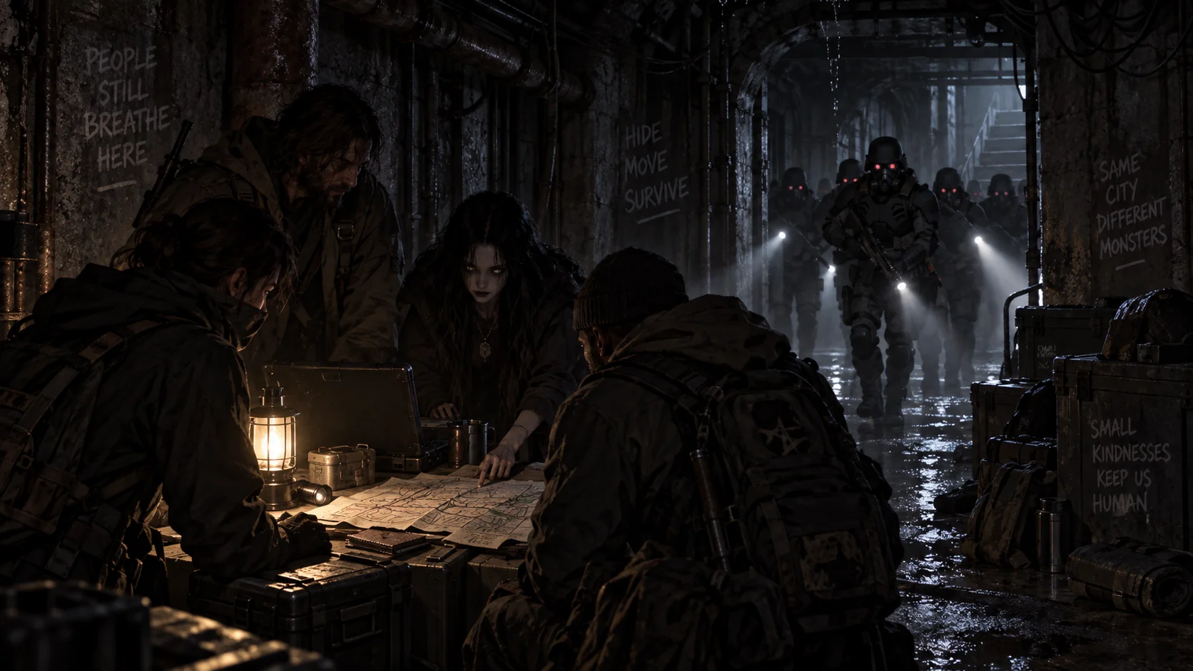 Supernatural dissidents gathered around a paper map in a service tunnel.